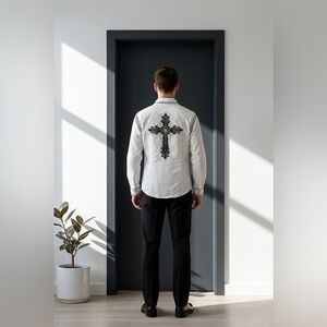 Vintage Godsend Gothic Western Cross Novelty Distressed Shirt White Mens Size L